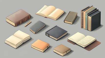 A collection of blank books and notebooks in various formats, including hardback, softcover, and spiral bound. Reverberate. Illustration