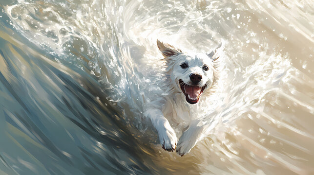 A playful dog bounds into the water, generating splashes and ripples, fully immersed in a blissful day of. blissful. illustration. Reverberate. Illustration