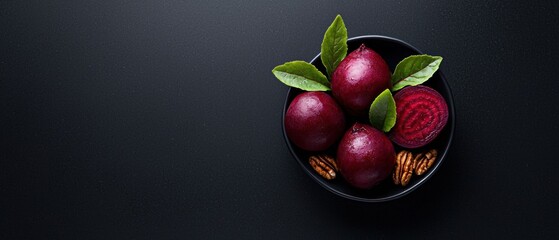 A bowl of beets with green leaves on top