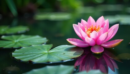 Delicate pink waterlily, vibrant petals, calm pond, fresh, serene