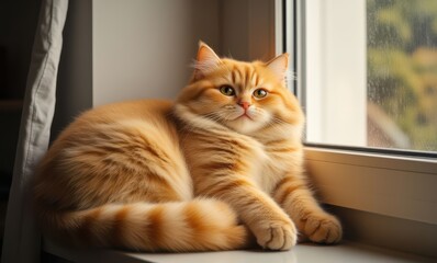 Fluffy orange cat lounging by the window