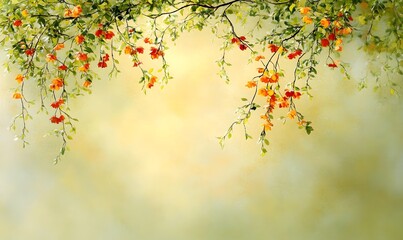 Orange flowers and green leaves hanging on branches against a soft yellow-green background.