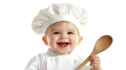 A cheerful baby dressed as a chef, holding a wooden spoon and smiling brightly.