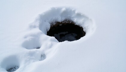 Snow-covered burrow with visible animal tracks in winter landscape.