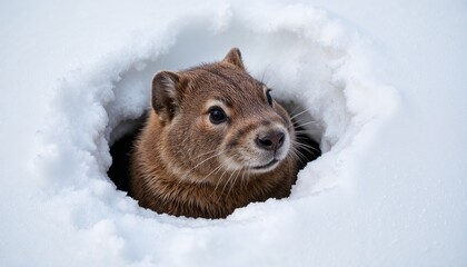 Obraz premium Curious groundhog emerging from snowy burrow in wintertime.