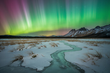Naklejka premium Expansive Tundra with Northern Lights Reflecting on Snowy Landscape, Aurora Borealis in Vibrant Green, Purple, and Pink Waves Over Frozen Stream and Distant Peaks