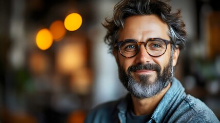 A man with glasses is smiling and looking at the camera