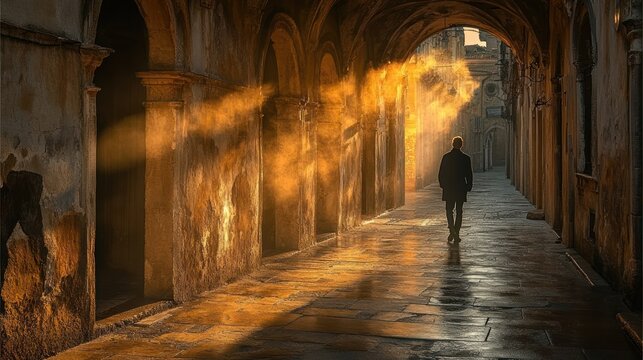Man walking alone in a sunlit, ancient alleyway.
