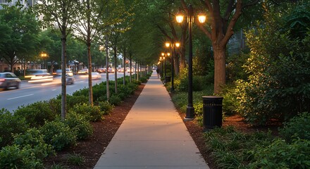 Urban city street at twilight.  Cars and traffic flow smoothly. Lush landscaping with trees and streetlights.  Beautiful sidewalk.