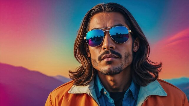 Young man wearing sunglasses posing at sunset with colorful sky - Powered by Adobe