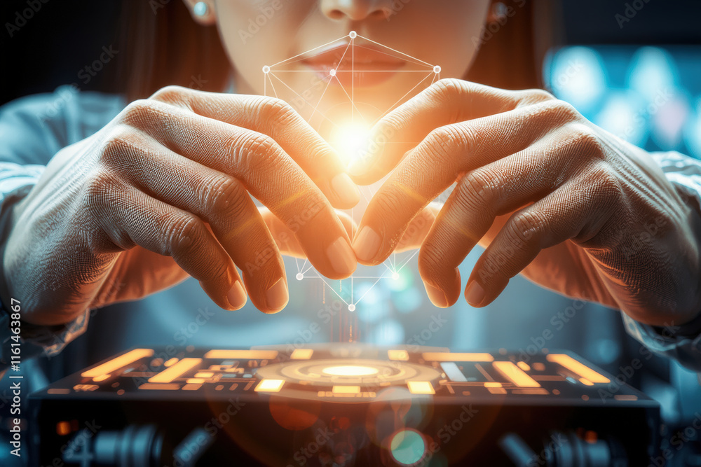 Poster person interacts with glowing holographic interface, showcasing futuristic technology and innovation