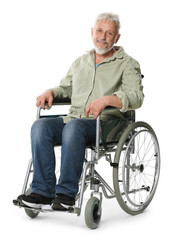 Senior man in wheelchair on white background