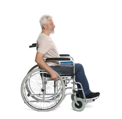 Senior man in wheelchair on white background