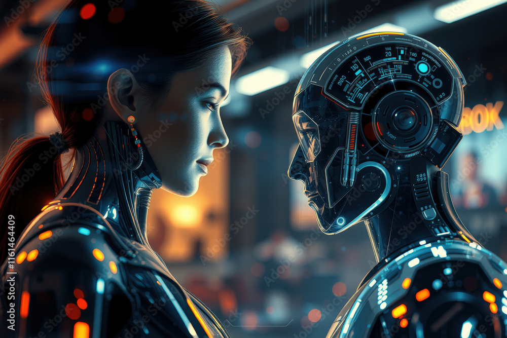 Poster futuristic scene depicts human and robot facing each other, highlighting advanced technology and hum