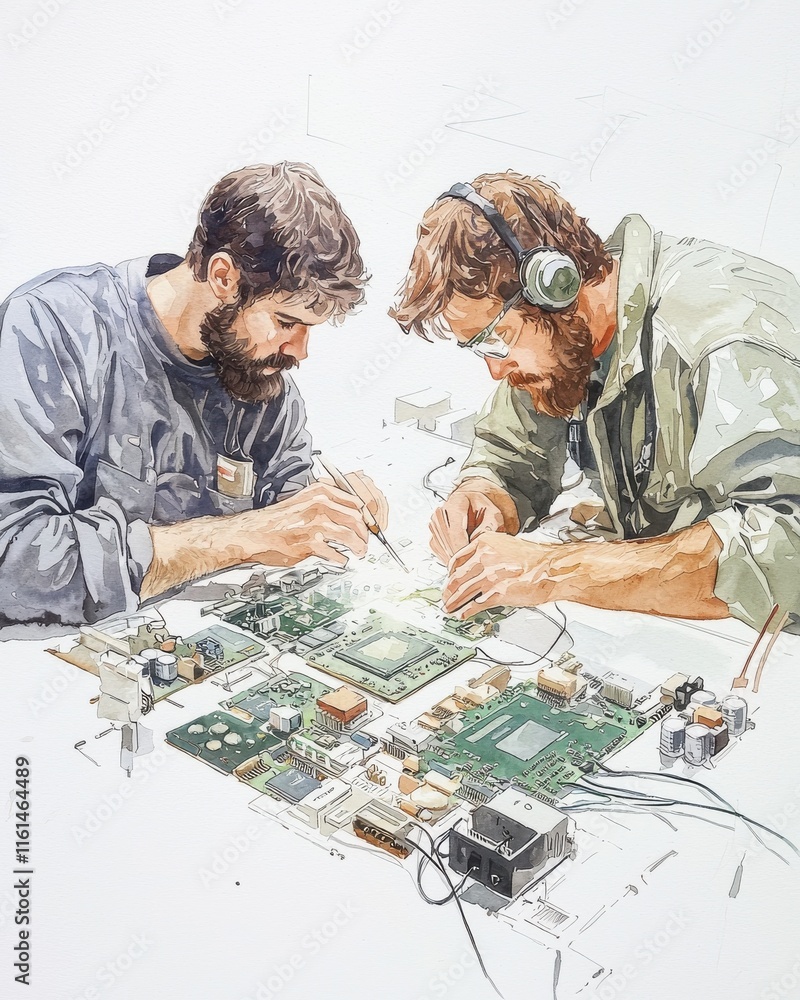 Poster engineers collaborating on circuit board in workshop technical environment focused perspective innov
