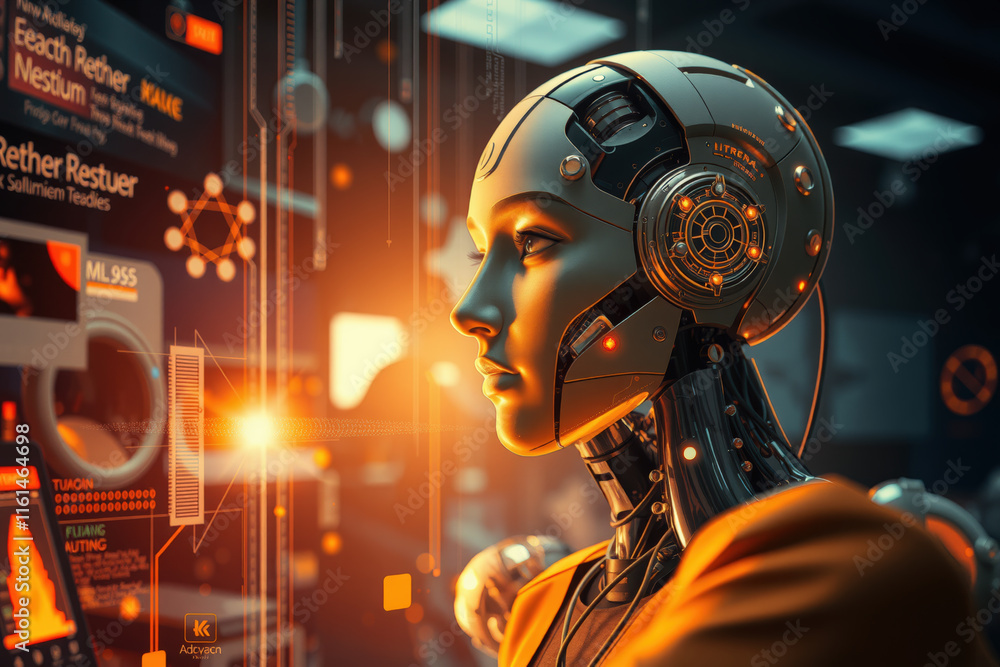 Poster futuristic humanoid robot with intricate mechanical details interacts with digital interface, illumi