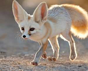 Fototapeta premium Fennec fox kit chasing its tail in the desert animal playful environment close-up view