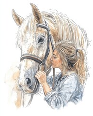 Fototapeta premium Equine therapy session patient grooming horse stable illustrated artwork warm atmosphere close-up healing concepts