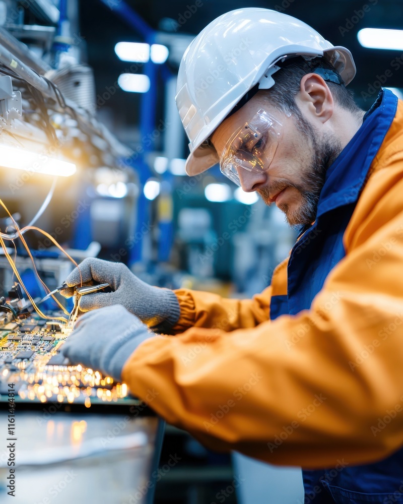 Poster engineers working on circuit board high-tech workshop industrial setting close-up view precision eng