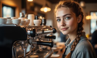 Young woman barista making coffee