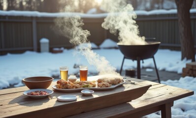 Delicious winter barbecue feast outdoors