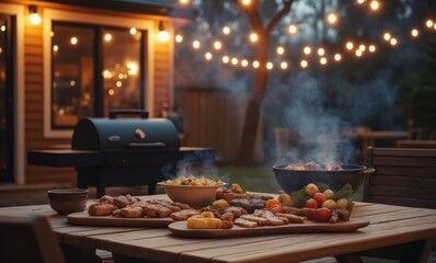Evening outdoor barbecue with delicious food