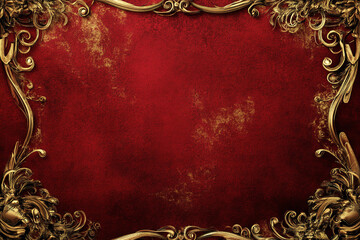 The image features a rich, red background with a textured appearance, adorned with elaborate, ornate gold detailing along the edges, creating a luxurious and elegant design