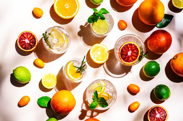 Gin and citrus cocktails, top view. Beige background, hard light, shadow pattern, top view