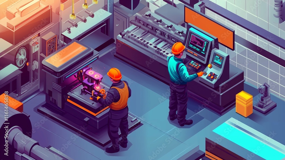 Poster factory workers operating cnc machinery and monitoring production process