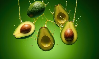Delicious avocados splashing in green backdrop