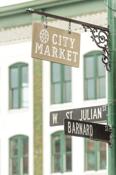 City Market sign on the lamppost in Historic District of Savannah, Georgia, USA