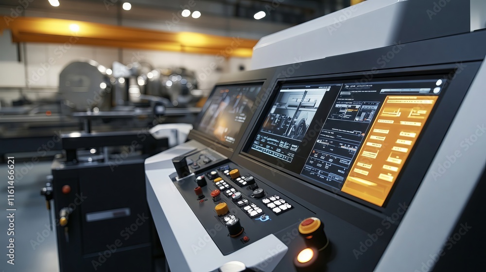 Poster control panel monitoring system showing data in modern factory