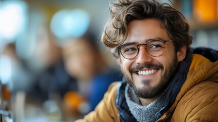 Fototapeta premium A man with glasses and a beard is smiling and looking at the camera