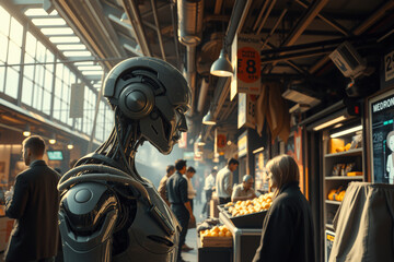 Obraz premium humanoid robot stands in bustling market, surrounded by people shopping for fresh produce under industrial lighting. scene captures intersection of technology and daily life