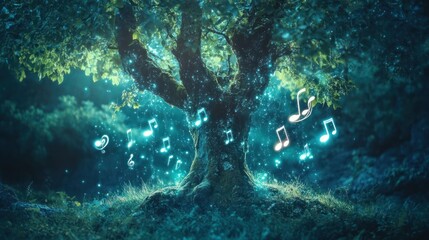 Obraz premium Enchanting night scene of a mystical tree with glowing musical notes.