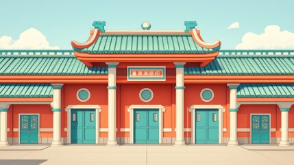 Fototapeta premium Traditional Asian building with teal doors and orange walls under a blue sky.