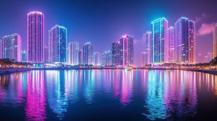 Obraz premium Vibrant cityscape at night, reflecting in calm water.