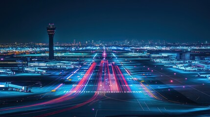 Night view of airport runway with light trails and control tower.