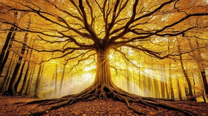 Majestic ancient tree with exposed roots in autumn forest, sun rays.