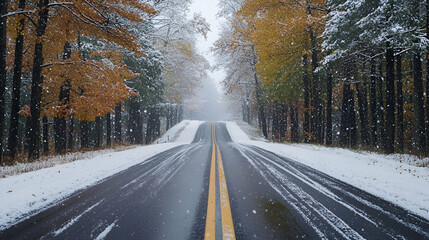 All-season tire on a snowy road with trees showing the transitions of all four seasons