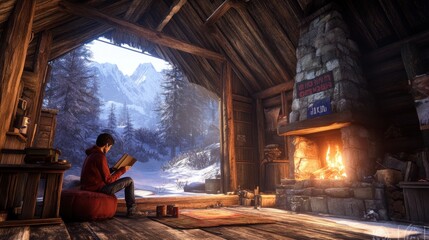 Fototapeta premium Man reading book by fireplace in cozy mountain cabin with snowy view.
