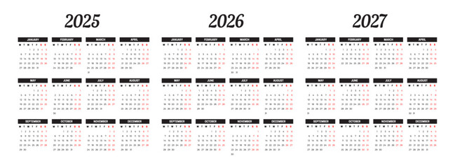 2025 2026 and 2027 Monthly Calendar Design