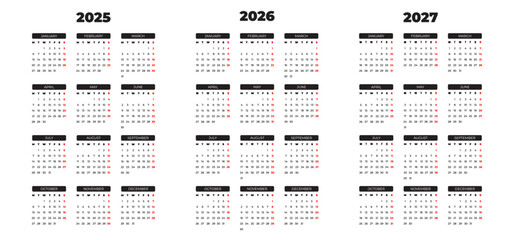 Calendars for 2025 2026 and 2027 Year