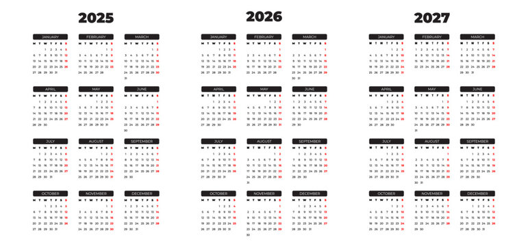 Calendars for 2025 2026 and 2027 Year