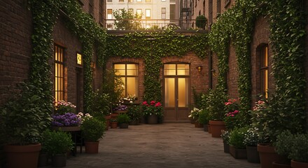 Fototapeta premium Serene brick courtyard garden with lush greenery and vibrant flowers, concept for urban oasis, garden design and outdoor living