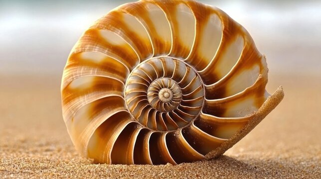 Close-up of a nautilus shell on a sandy beach, showcasing its intricate spiral pattern and natural beauty.