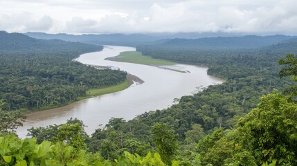 Panoramic view of a meandering river flowing through lush green rainforest landscape under a cloudy sky.