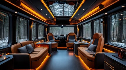 Fototapeta premium Luxurious interior of a modern vehicle with ambient lighting and comfortable seating.