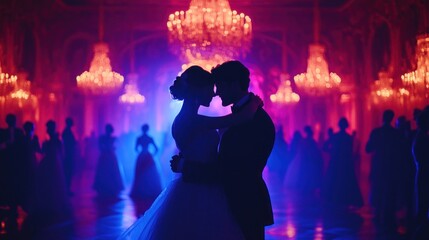 Silhouette of a couple embracing at a grand ballroom dance.