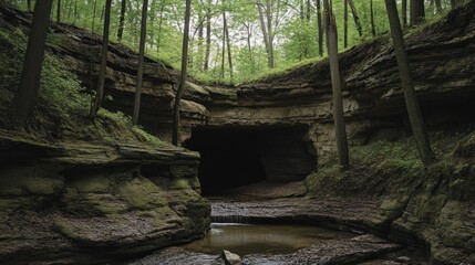Dark cave mouth in lush green forest with small stream.